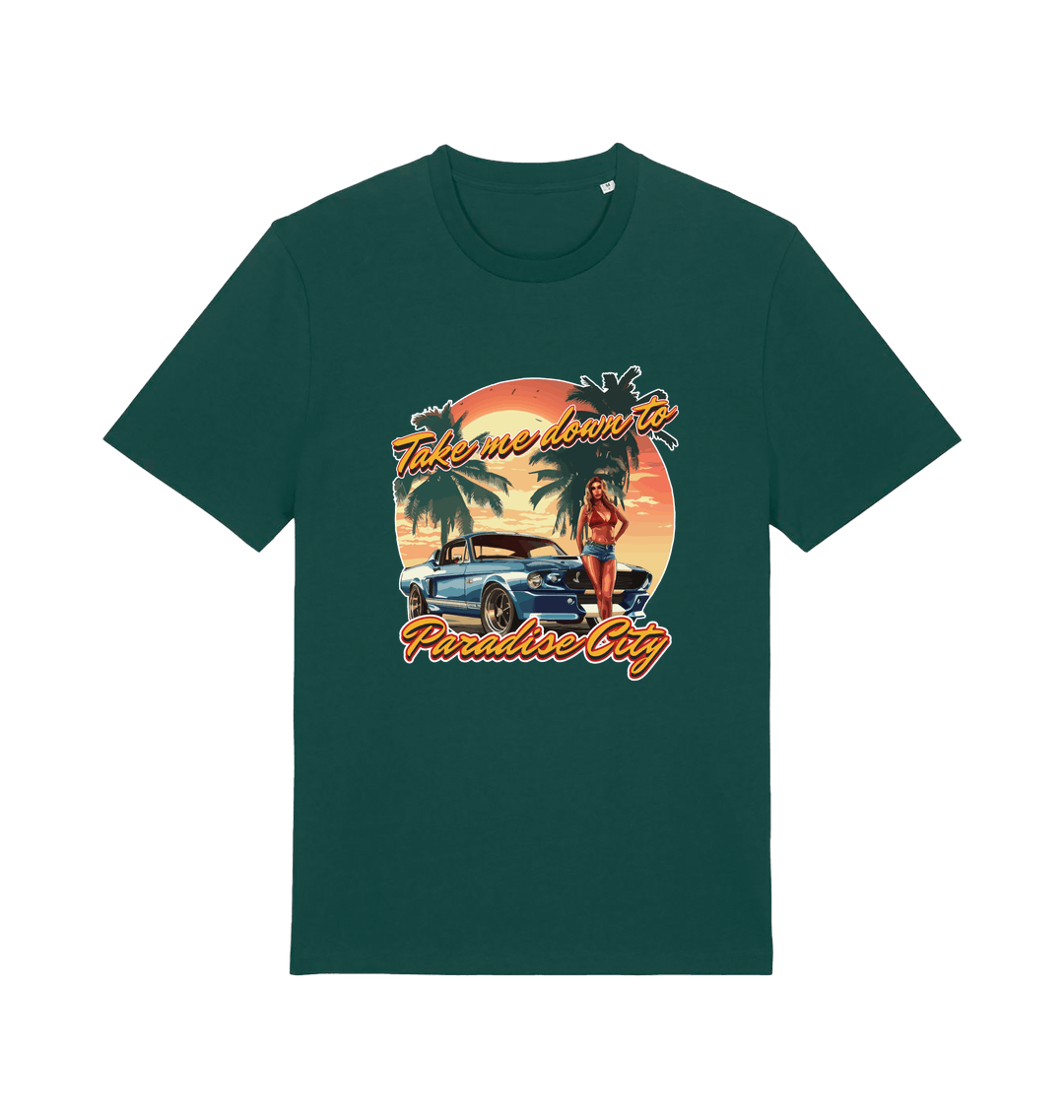 green music t-shirt with a tropical graphic design featuring a car, palm trees, and the slogan 'take me home to the paradise city'