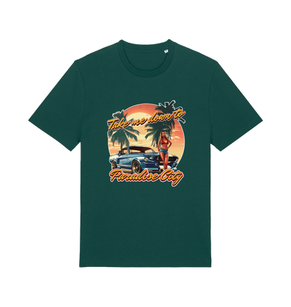 green music t-shirt with a tropical graphic design featuring a car, palm trees, and the slogan 'take me home to the paradise city'