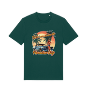 green music t-shirt with a tropical graphic design featuring a car, palm trees, and the slogan 'take me home to the paradise city'