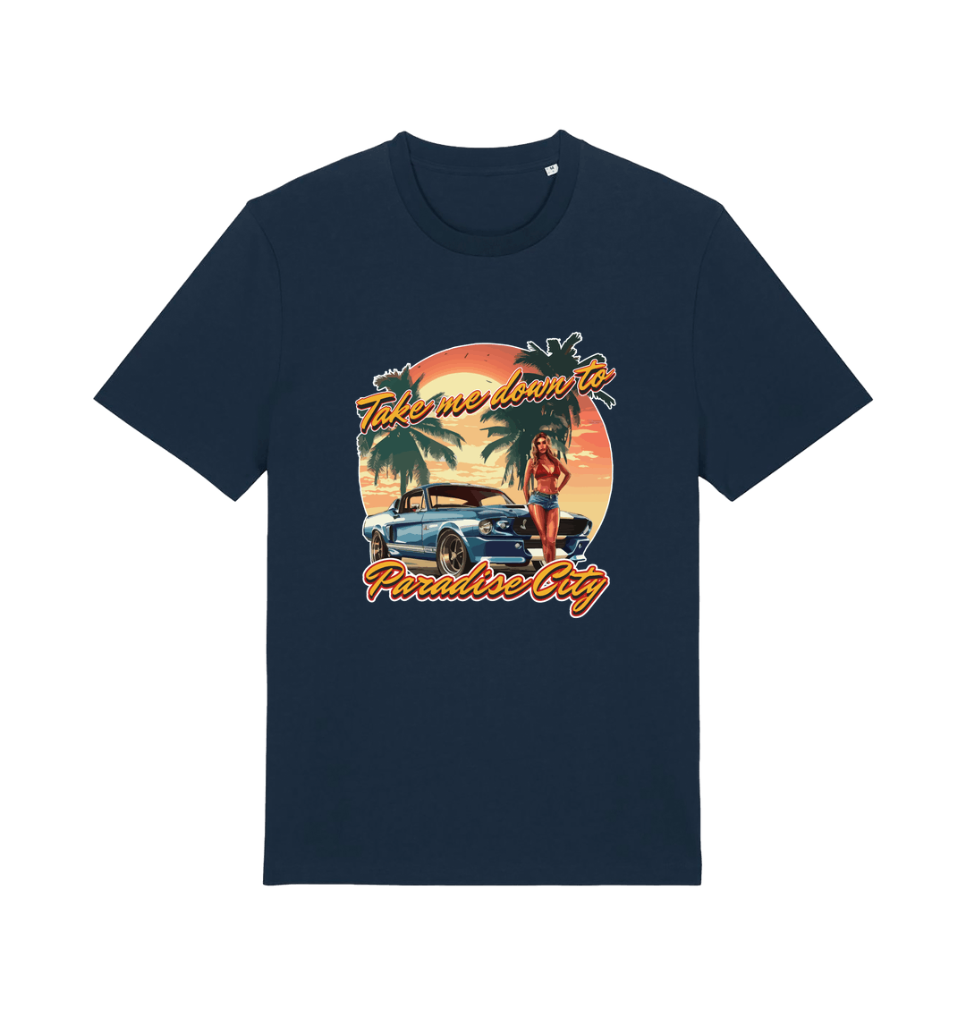 navy music t-shirt with a tropical graphic design featuring a car, palm trees, and the slogan 'take me home to the paradise city'