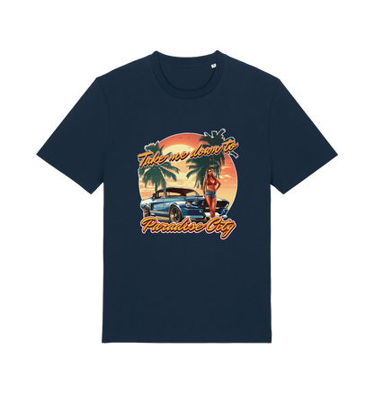 navy music t-shirt with a tropical graphic design featuring a car, palm trees, and the slogan 'take me home to the paradise city'