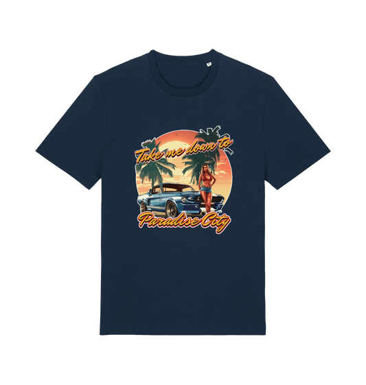 navy music t-shirt with a tropical graphic design featuring a car, palm trees, and the slogan 'take me home to the paradise city'