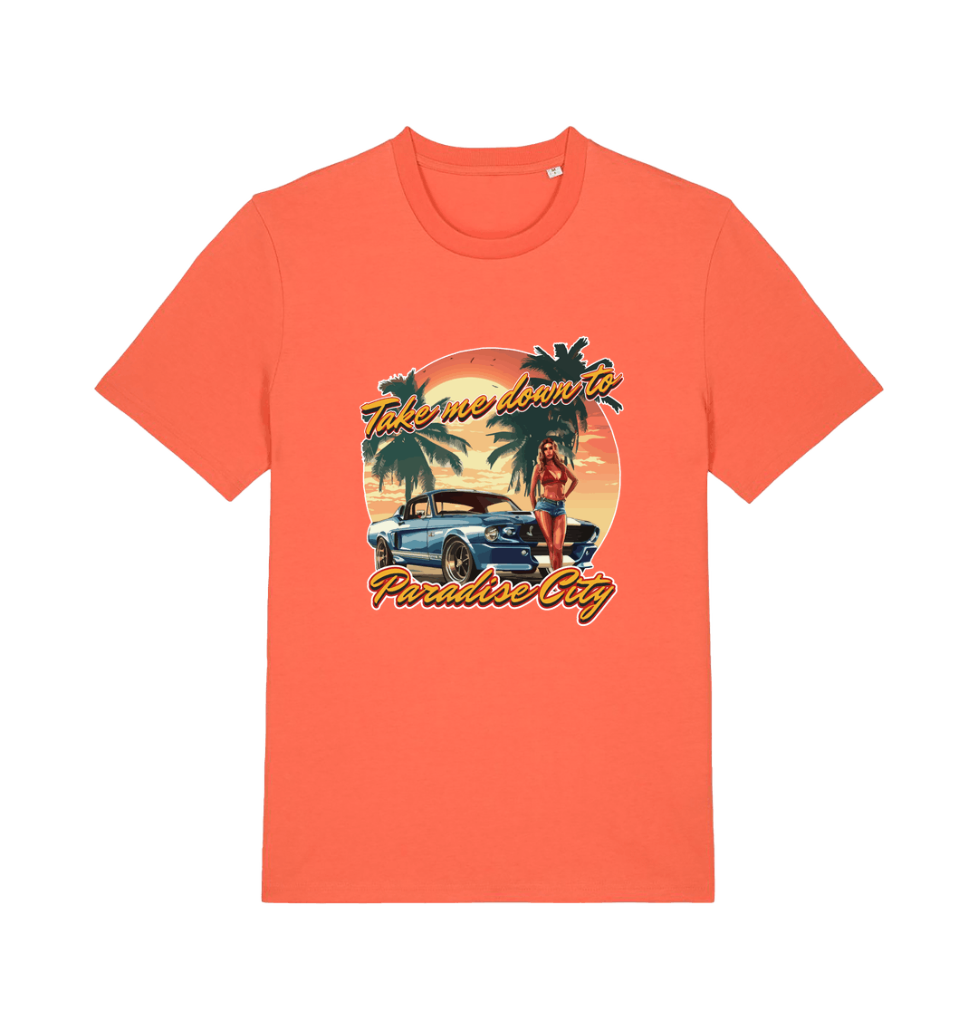 orange music t-shirt with a tropical graphic design featuring a car, palm trees, and the slogan 'take me home to the paradise city'