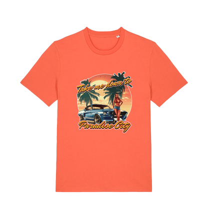 orange music t-shirt with a tropical graphic design featuring a car, palm trees, and the slogan 'take me home to the paradise city'