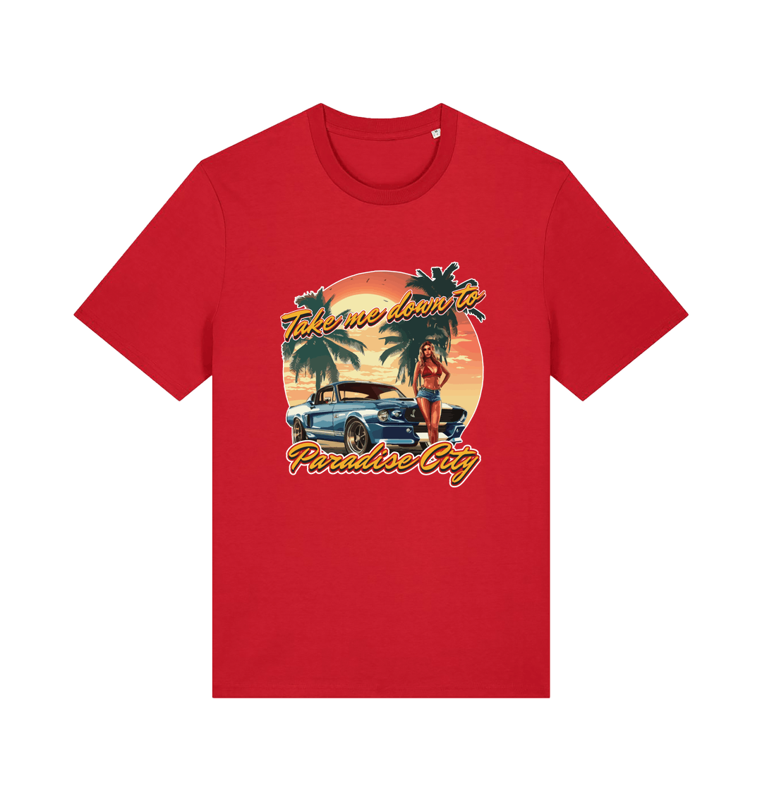 red music t-shirt with a tropical graphic design featuring a car, palm trees, and the slogan 'take me home to the paradise city'