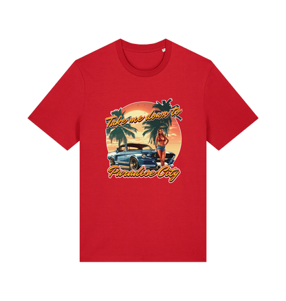 red music t-shirt with a tropical graphic design featuring a car, palm trees, and the slogan 'take me home to the paradise city'