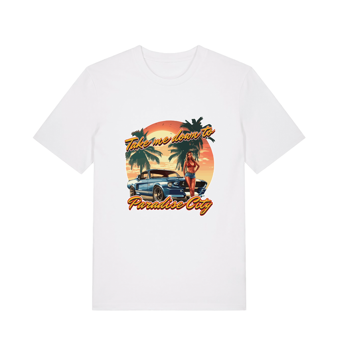 white music t-shirt with a tropical graphic design featuring a car, palm trees, and the slogan 'take me home to the paradise city'