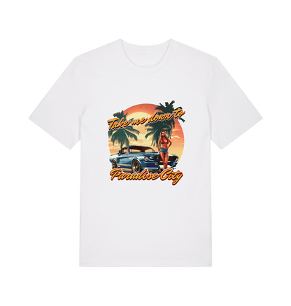 white music t-shirt with a tropical graphic design featuring a car, palm trees, and the slogan 'take me home to the paradise city'