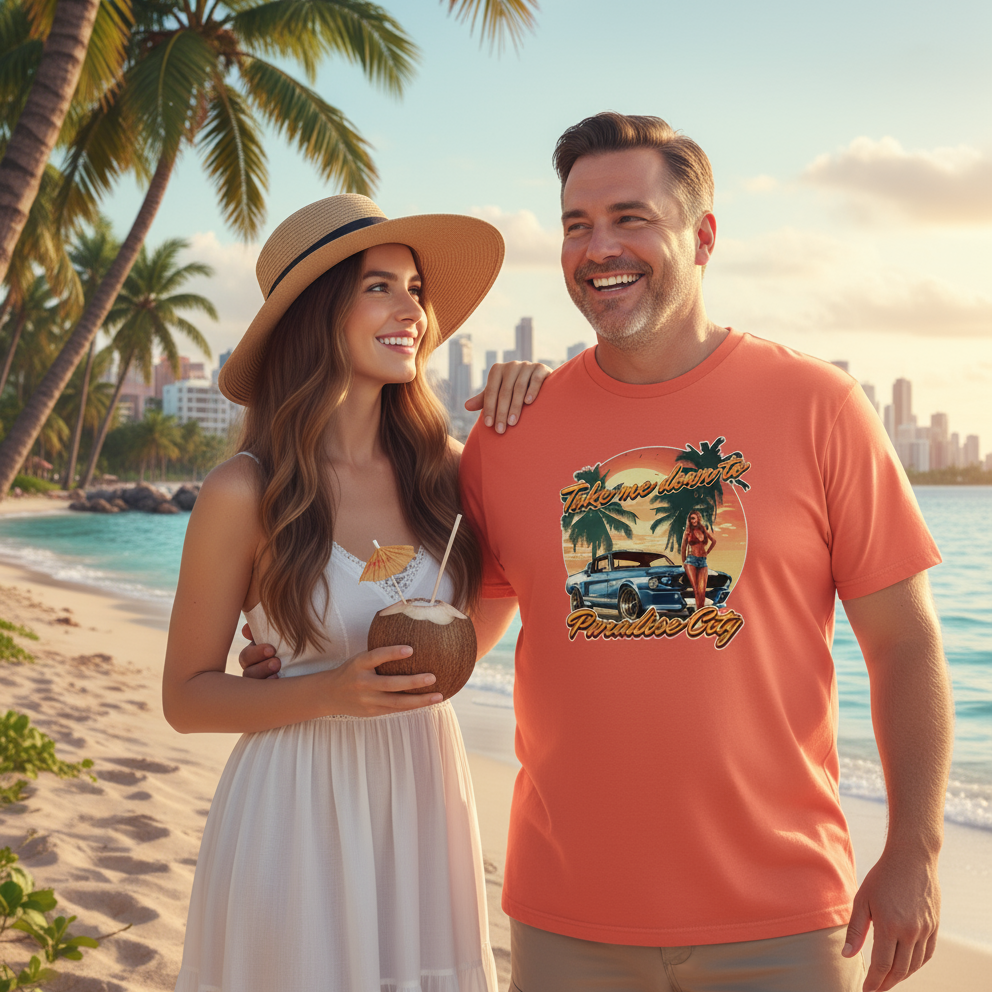 Man and woman on a beach with palm trees and city skyline in the background