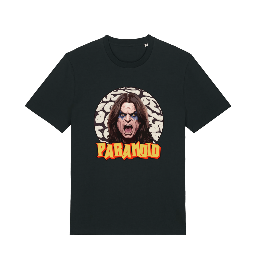 black music t-shirt with a graphic depicting the legend ozzy and the slogan 'paranoid'