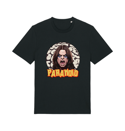 black music t-shirt with a graphic depicting the legend ozzy and the slogan 'paranoid'