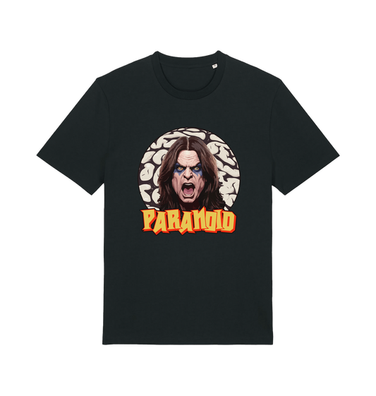 black music t-shirt with a graphic depicting the legend ozzy and the slogan 'paranoid'