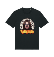 black music t-shirt with a graphic depicting the legend ozzy and the slogan 'paranoid'