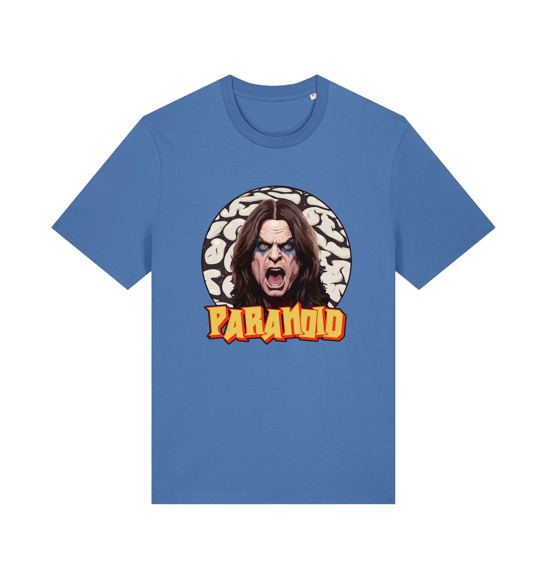 blue music t-shirt with a graphic depicting the legend ozzy and the slogan 'paranoid'