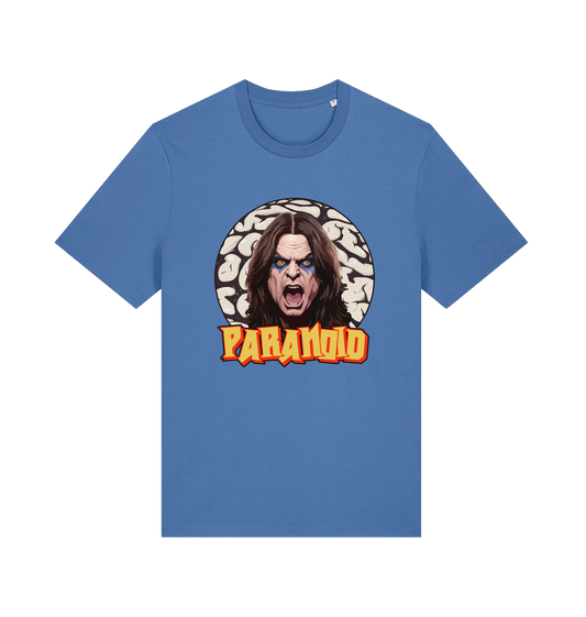 blue music t-shirt with a graphic depicting the legend ozzy and the slogan 'paranoid'