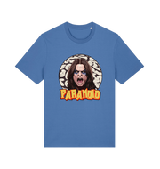 blue music t-shirt with a graphic depicting the legend ozzy and the slogan 'paranoid'