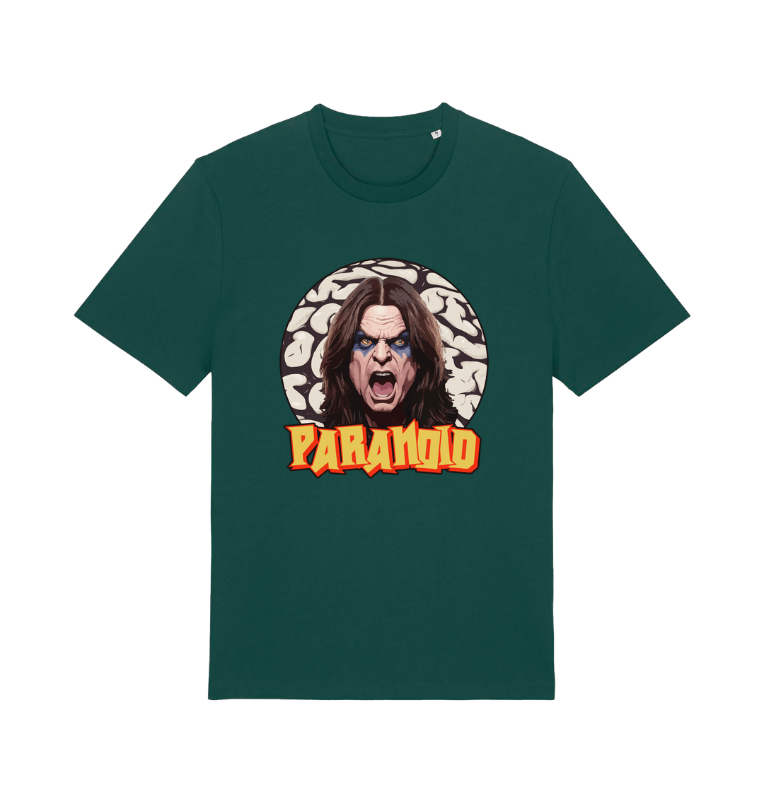 green music t-shirt with a graphic depicting the legend ozzy and the slogan 'paranoid'
