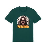 green music t-shirt with a graphic depicting the legend ozzy and the slogan 'paranoid'