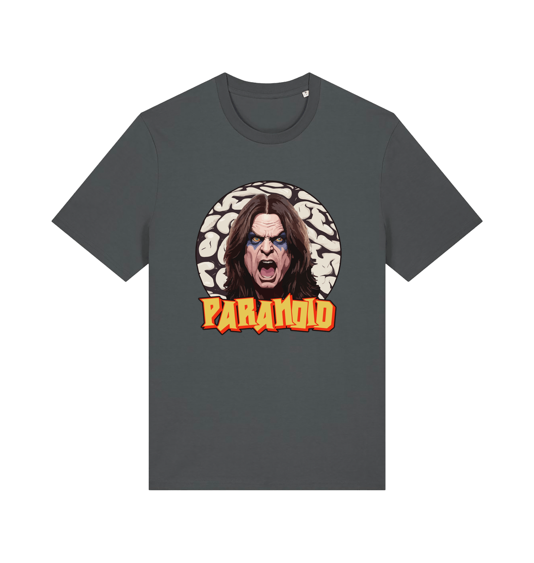 grey music t-shirt with a graphic depicting the legend ozzy and the slogan 'paranoid'