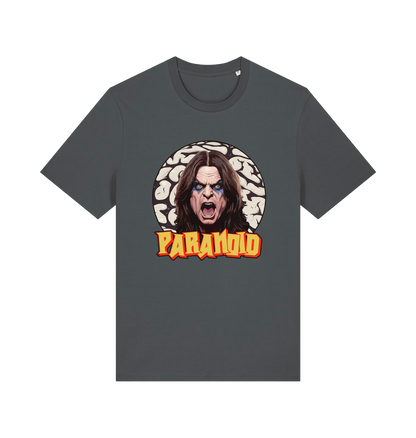 grey music t-shirt with a graphic depicting the legend ozzy and the slogan 'paranoid'