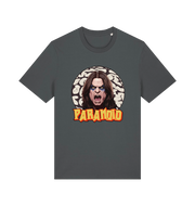 grey music t-shirt with a graphic depicting the legend ozzy and the slogan 'paranoid'