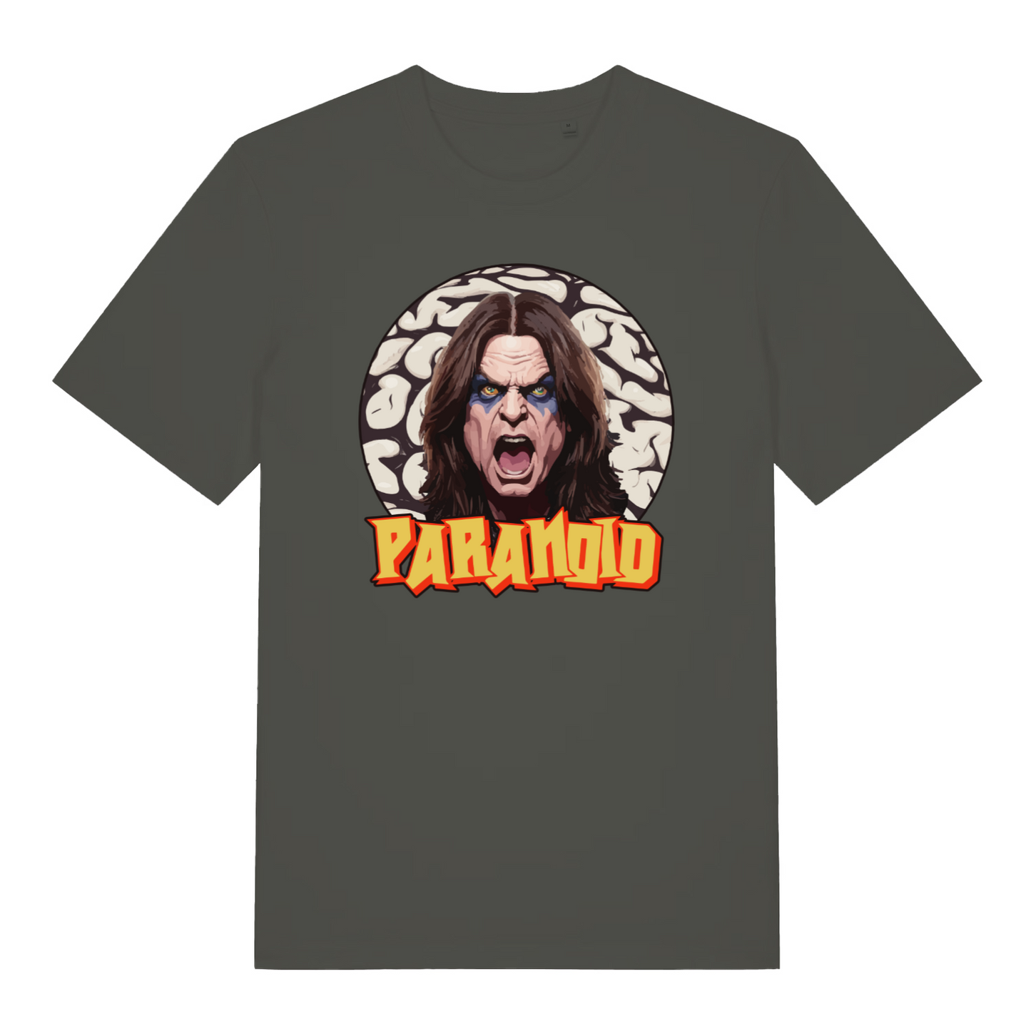 khaki music t-shirt with the graphic of the legendary ozzy and the text 'paranoid'