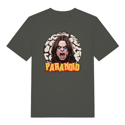 khaki music t-shirt with the graphic of the legendary ozzy and the text 'paranoid'