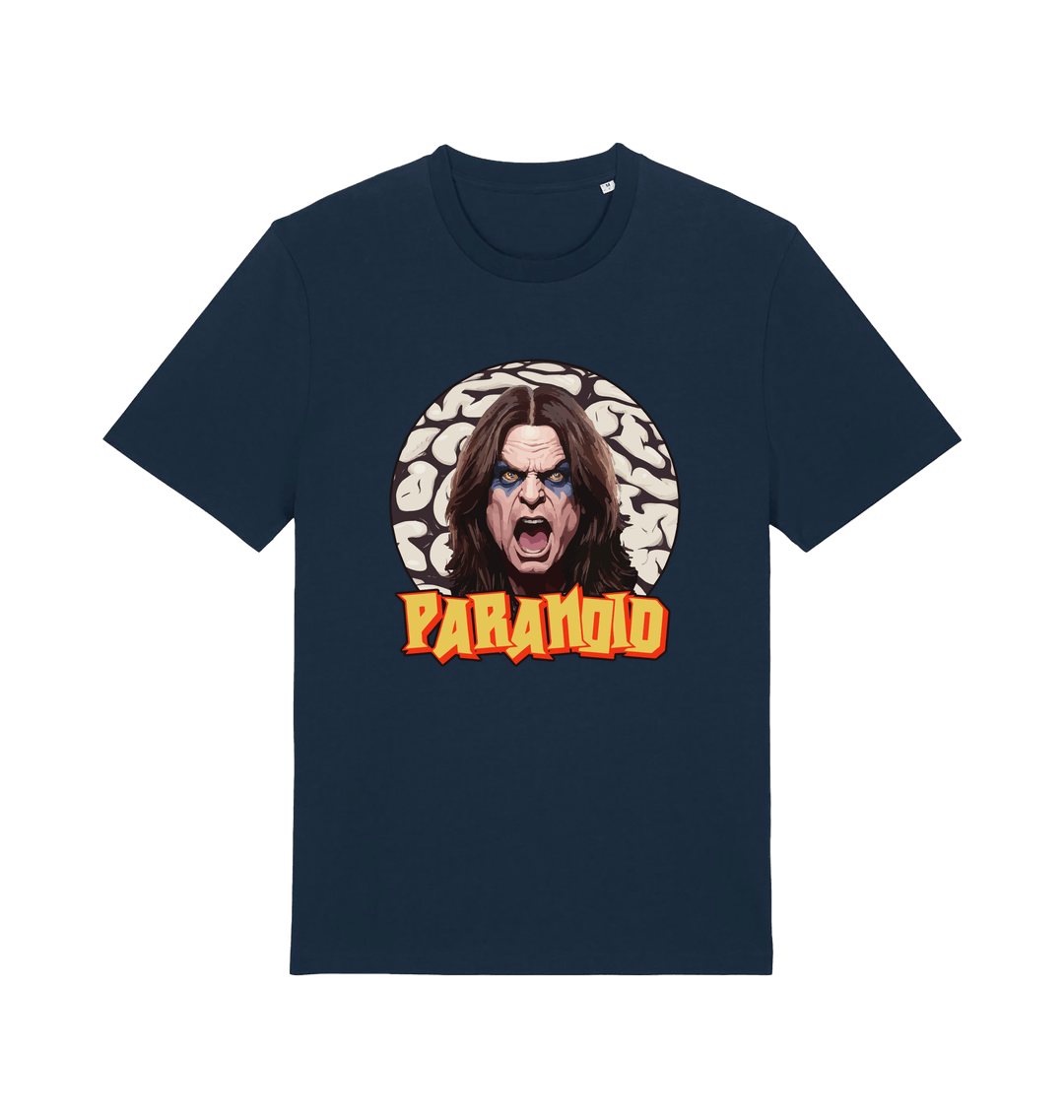 navy music t-shirt with a graphic depicting the legend ozzy and the slogan 'paranoid'