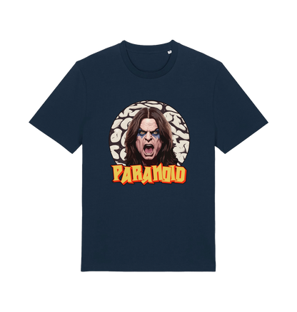 navy music t-shirt with a graphic depicting the legend ozzy and the slogan 'paranoid'