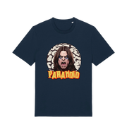 navy music t-shirt with a graphic depicting the legend ozzy and the slogan 'paranoid'