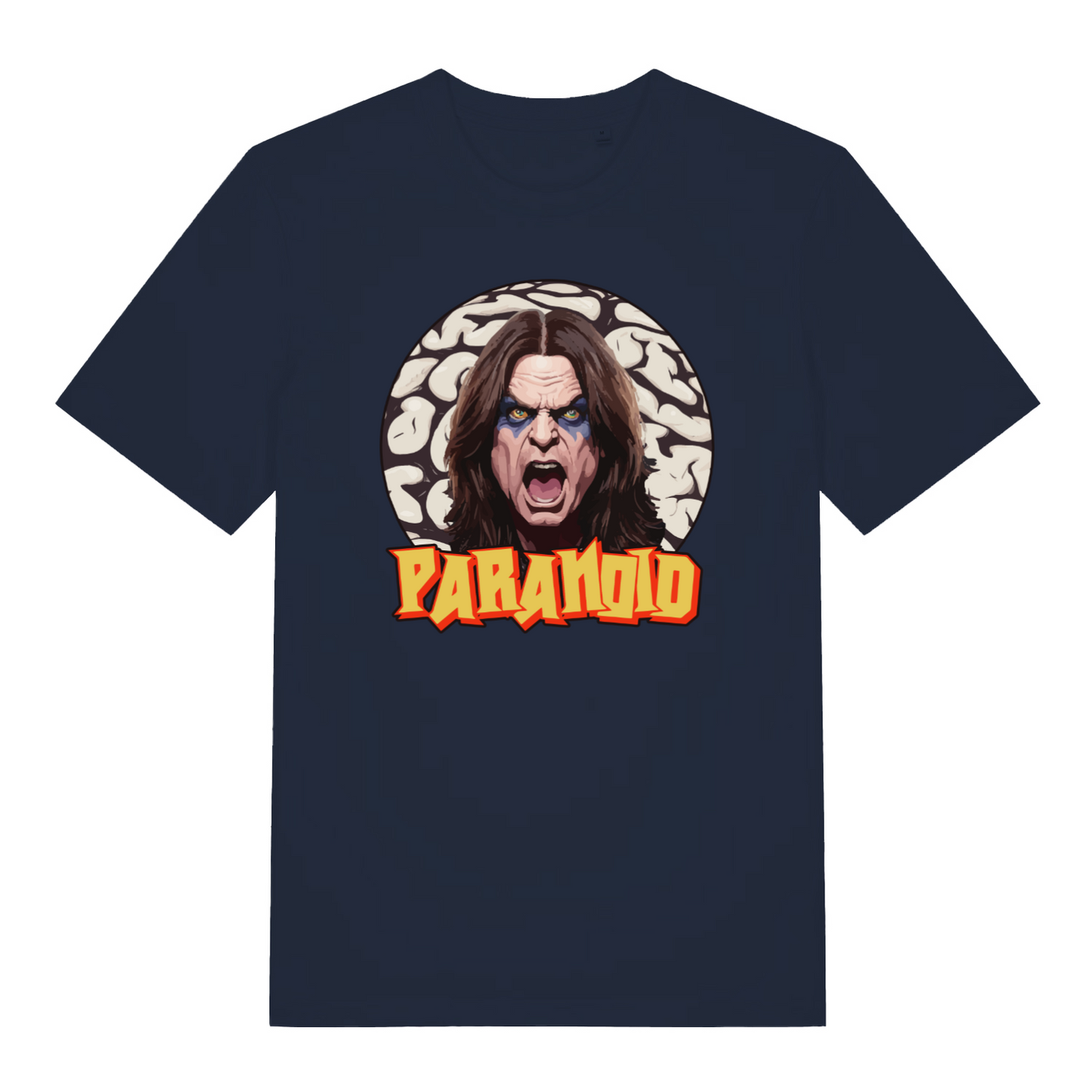 navy music t-shirt with the graphic of the legendary ozzy and the text 'paranoid'