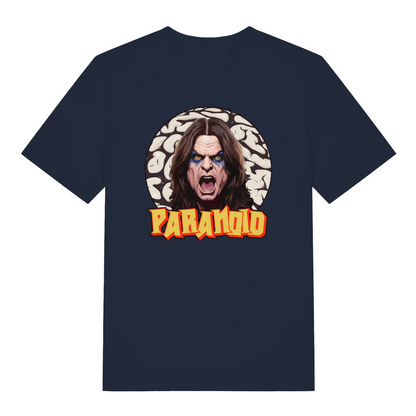 navy music t-shirt with the graphic of the legendary ozzy and the text 'paranoid'