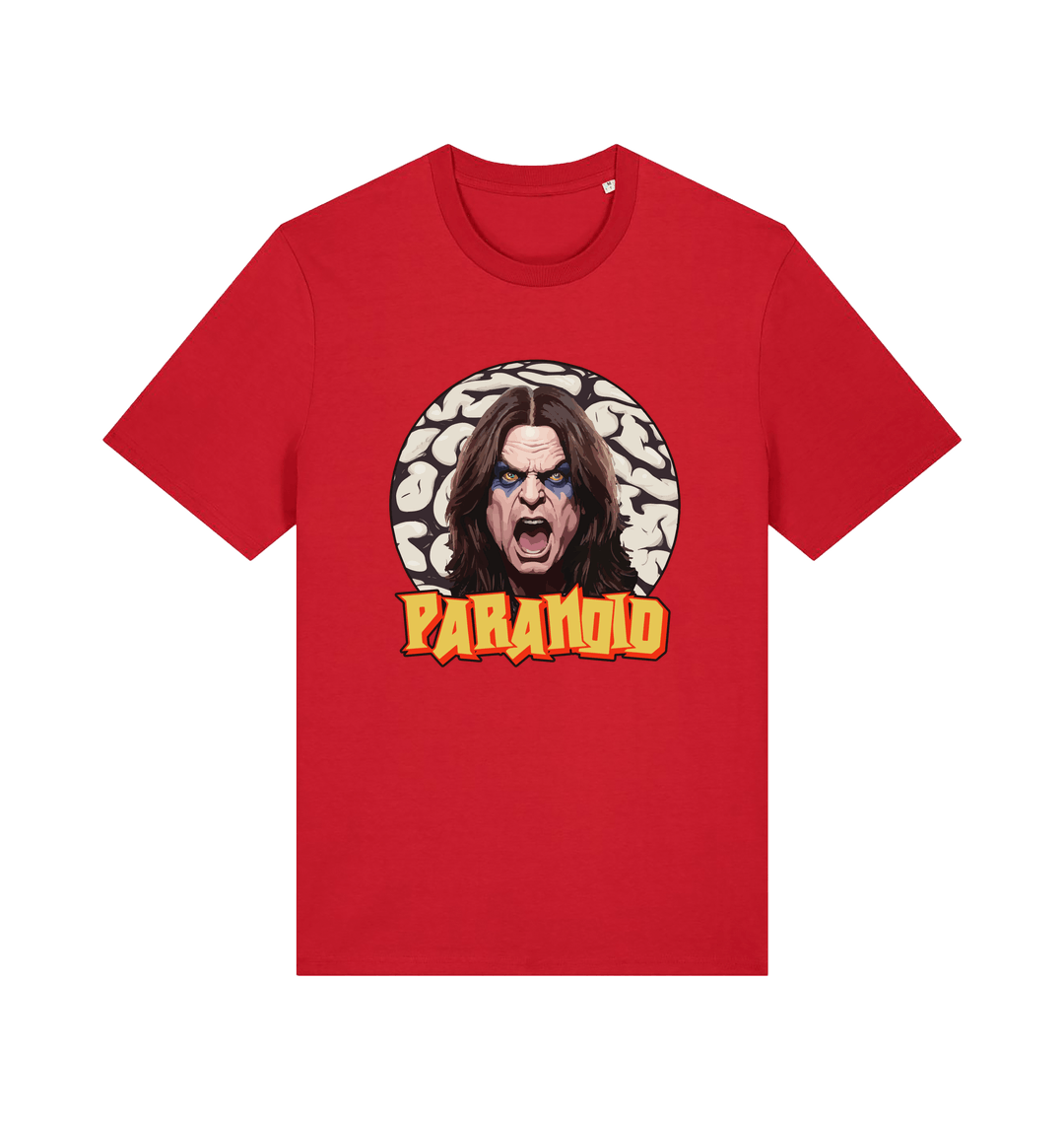 red music t-shirt with a graphic depicting the legend ozzy and the slogan 'paranoid'
