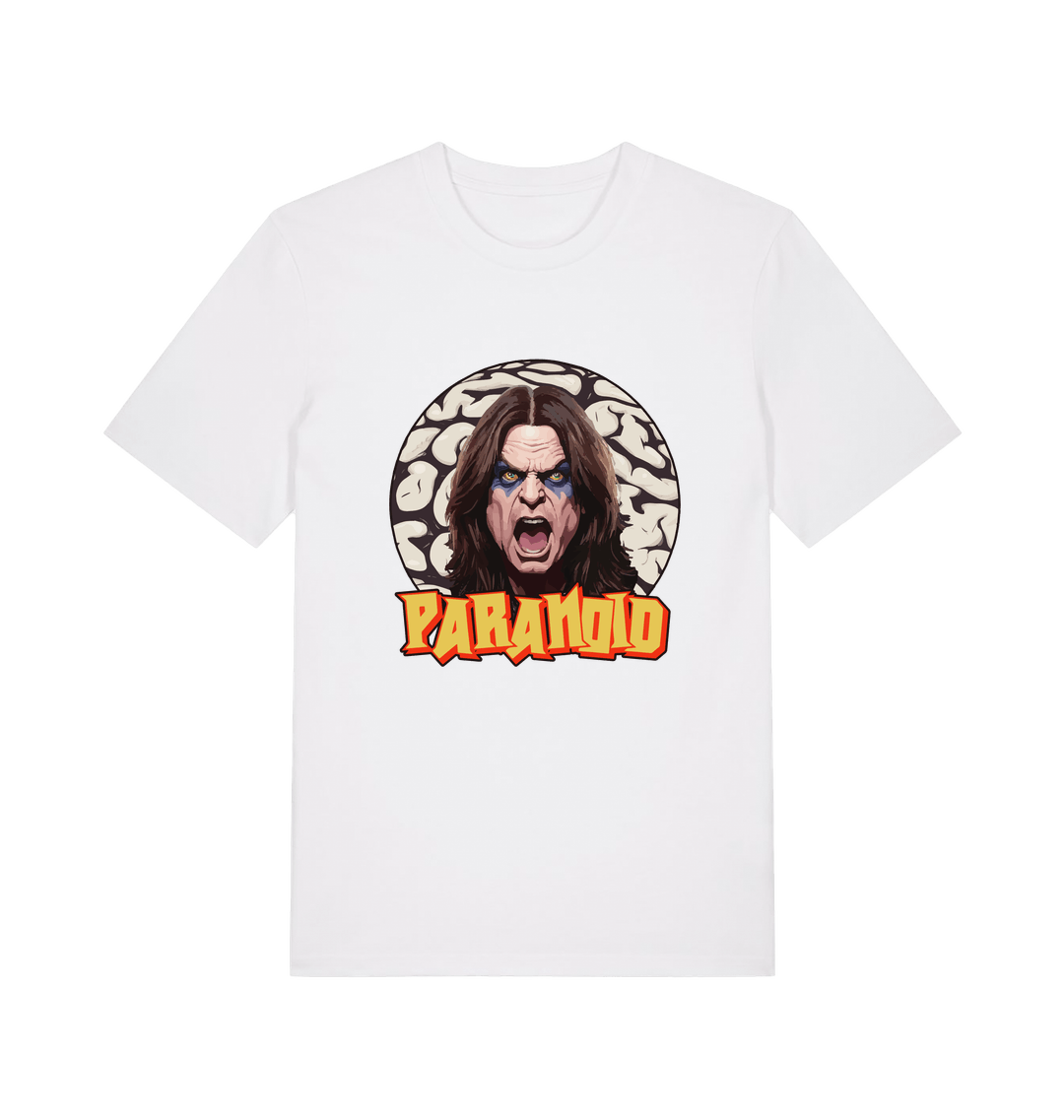 white music t-shirt with a graphic depicting the legend ozzy and the slogan 'paranoid'