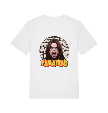 white music t-shirt with a graphic depicting the legend ozzy and the slogan 'paranoid'