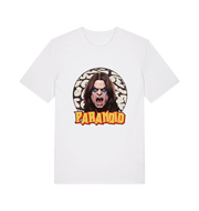 white music t-shirt with a graphic depicting the legend ozzy and the slogan 'paranoid'