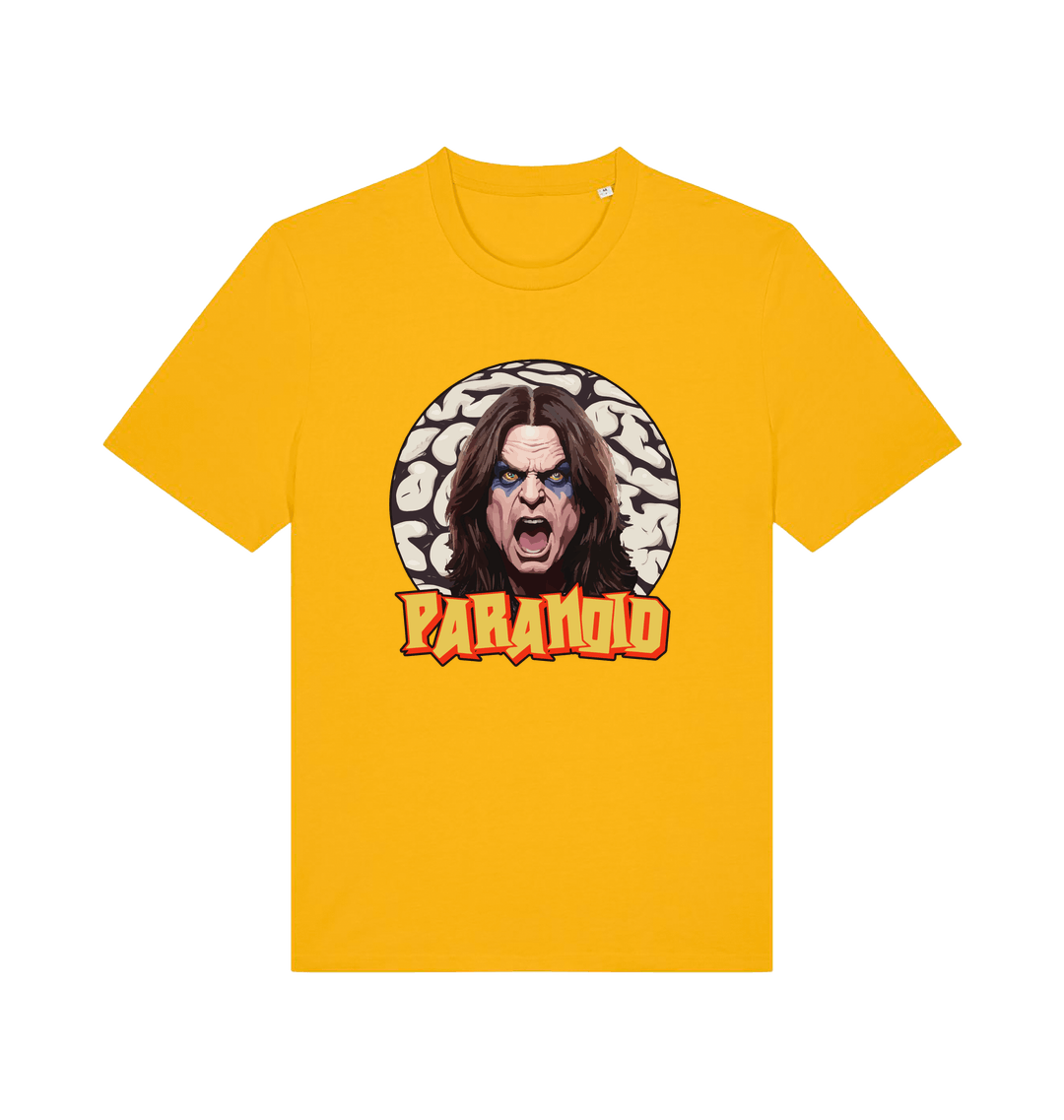 yellow music t-shirt with a graphic depicting the legend ozzy and the slogan 'paranoid'