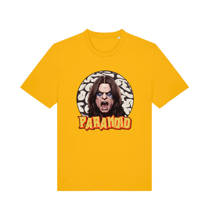 yellow music t-shirt with a graphic depicting the legend ozzy and the slogan 'paranoid'