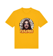 yellow music t-shirt with a graphic depicting the legend ozzy and the slogan 'paranoid'