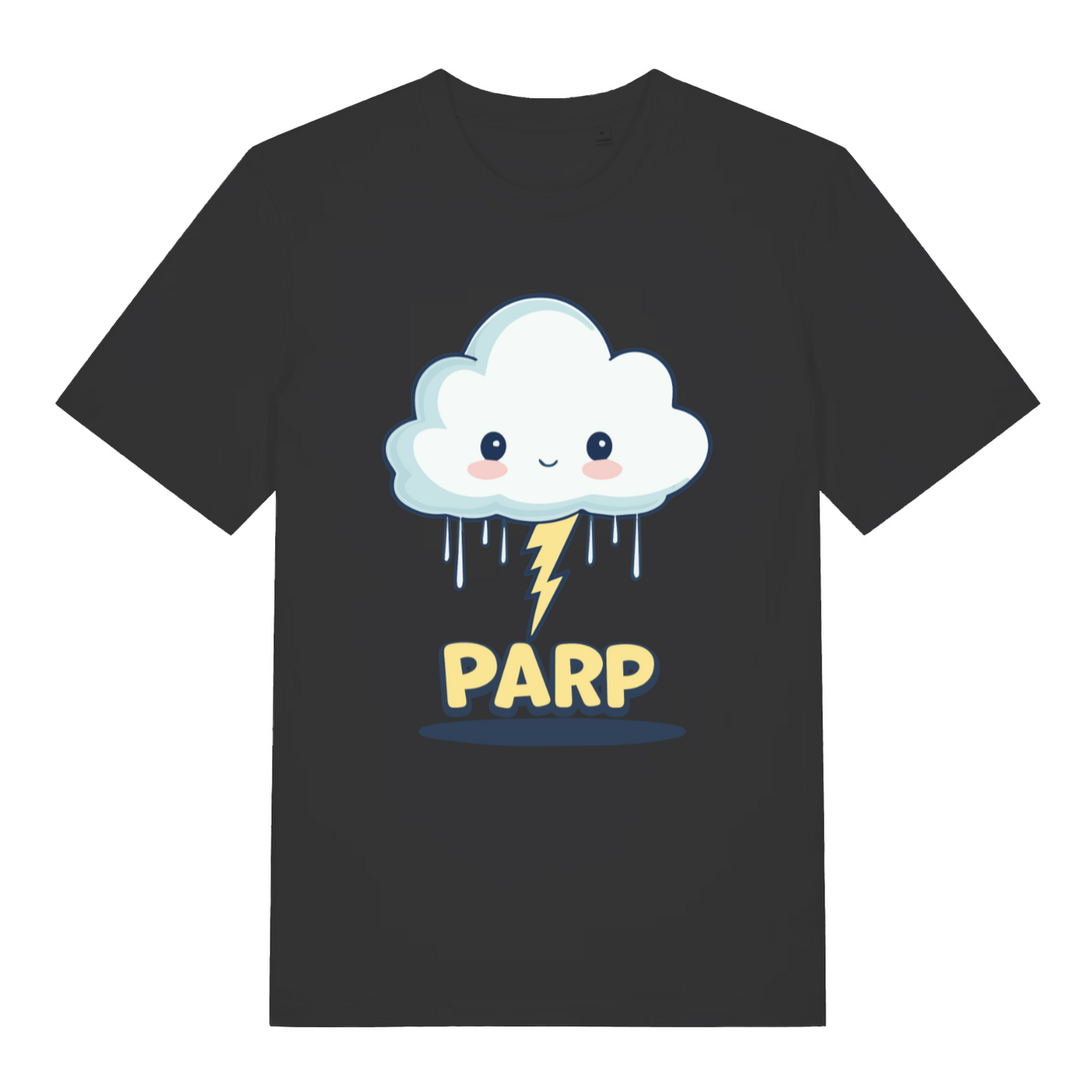 black women's kawaii t-shirt with the graphic of a cartoon cloud and lightning bolt and the slogan 'parp'