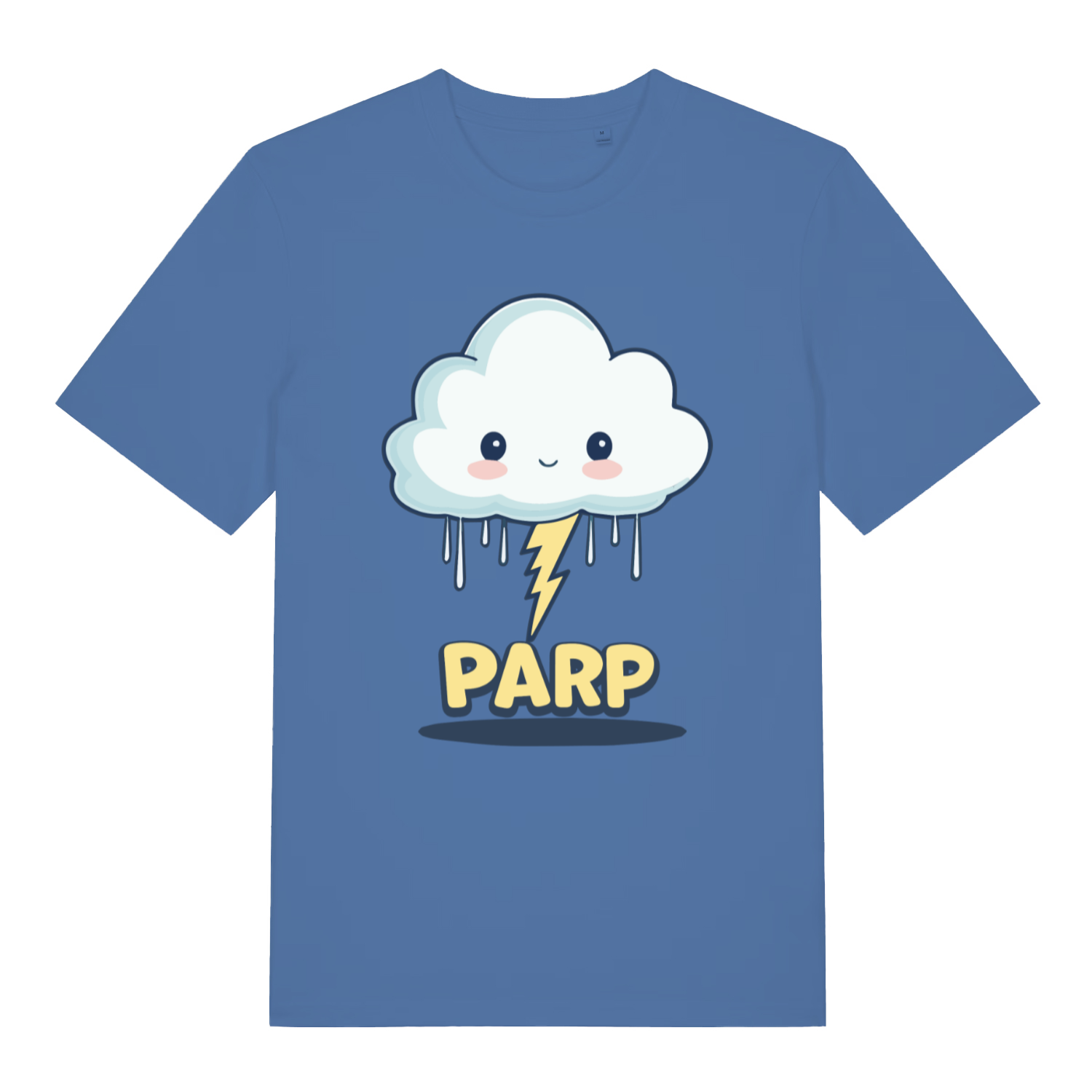 blue women's kawaii t-shirt with the graphic of a cartoon cloud and lightning bolt and the slogan 'parp'