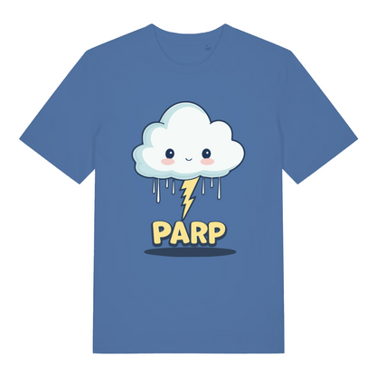 blue women's kawaii t-shirt with the graphic of a cartoon cloud and lightning bolt and the slogan 'parp'