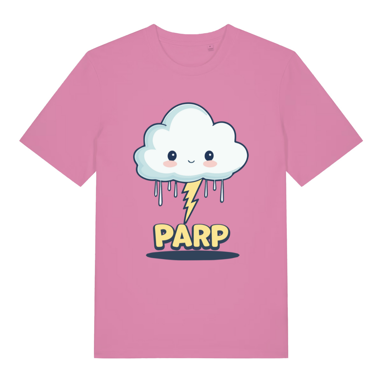 pink women's kawaii t-shirt with the graphic of a cartoon cloud and lightning bolt and the slogan 'parp'