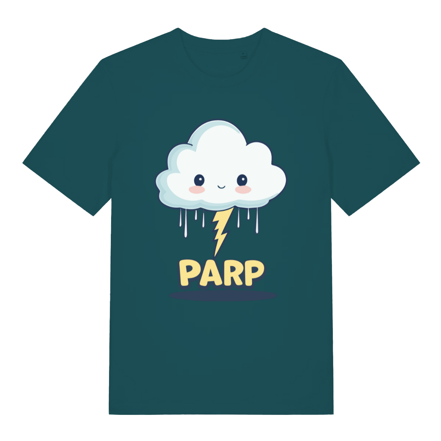 teal women's kawaii t-shirt with the graphic of a cartoon cloud and lightning bolt and the slogan 'parp'