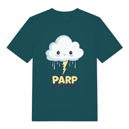teal women's kawaii t-shirt with the graphic of a cartoon cloud and lightning bolt and the slogan 'parp'