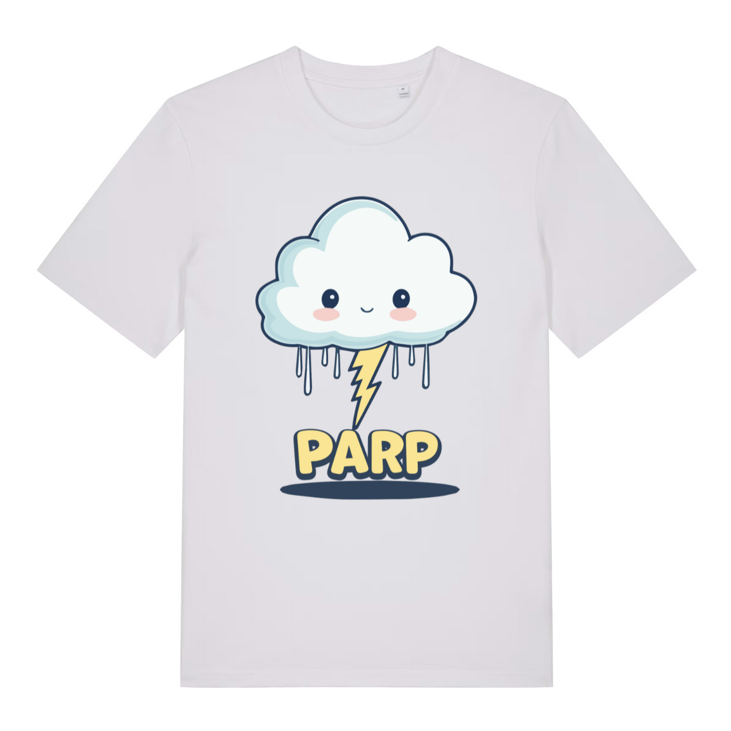 white women's kawaii t-shirt with the graphic of a cartoon cloud and lightning bolt and the slogan 'parp'