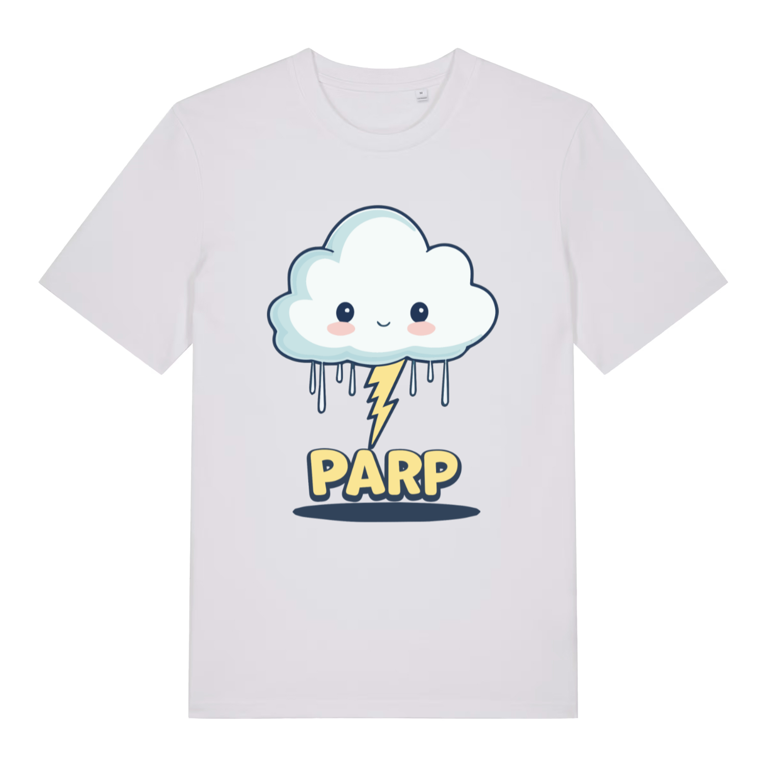 white women's kawaii t-shirt with the graphic of a cartoon cloud and lightning bolt and the slogan 'parp'