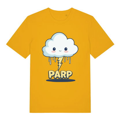yellow women's kawaii t-shirt with the graphic of a cartoon cloud and lightning bolt and the slogan 'parp'