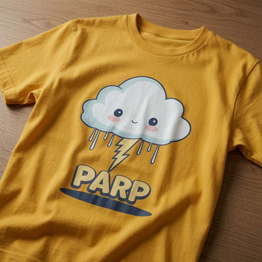 Yellow PARP t-shirt laid flat on a wooden surface showing the full kawaii cloud graphic with lightning and rain, fun ladies witty kawaii cloud design full of pure attitude