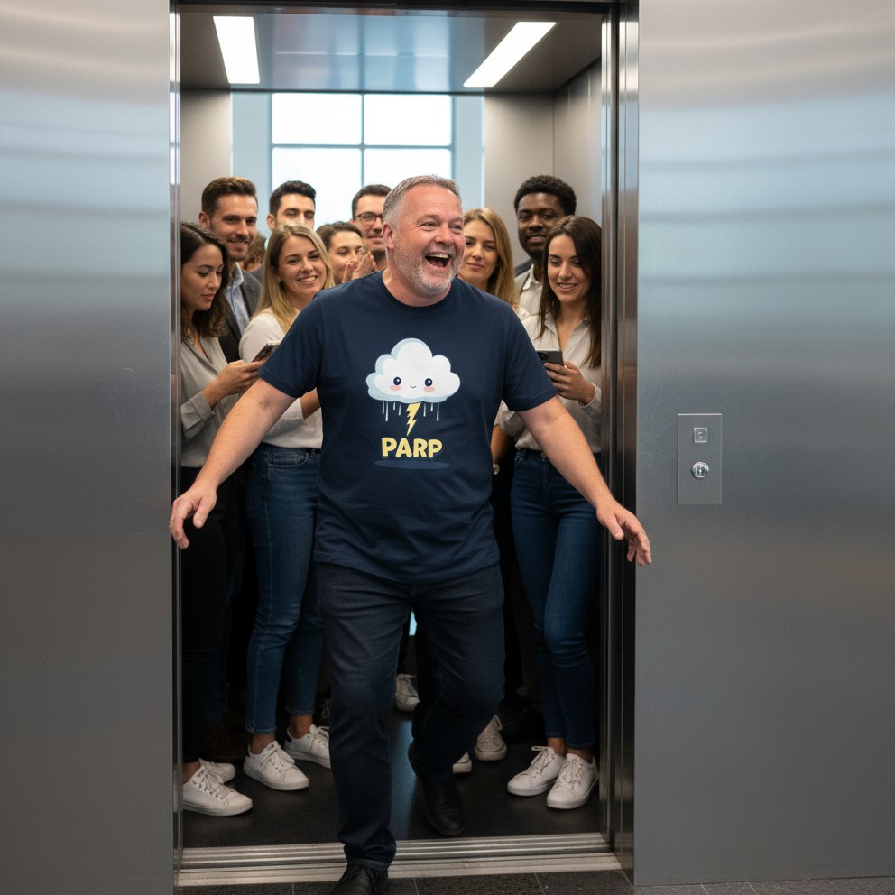 Man wearing a t-shirt with 'PARP' logo in an elevator with other people.